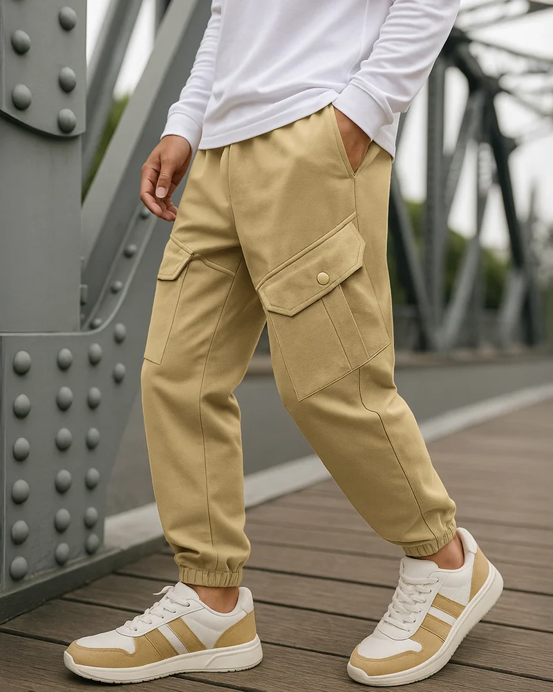 بيواكوف Men's Brown Super Loose Fit Cargo Warm Joggers
